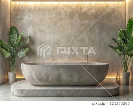 A minimalist bathroom features a freestanding oval bathtub made of natural stone, set against a wall with a textured microcement finish. A minimalist bathroom features a freestanding oval bathtub made of natural stone, set against a wall with a textured microcement finish. 121233266