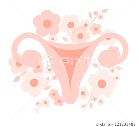 Uterus. Female reproductive system surrounded with flowers. Vector isolated illustration. Soft pink color 121233488