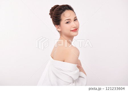 Beautiful young asian woman with clean fresh skin on white background, Face care, Facial treatment, Cosmetology, beauty and spa, Asian women portrait. 121233604