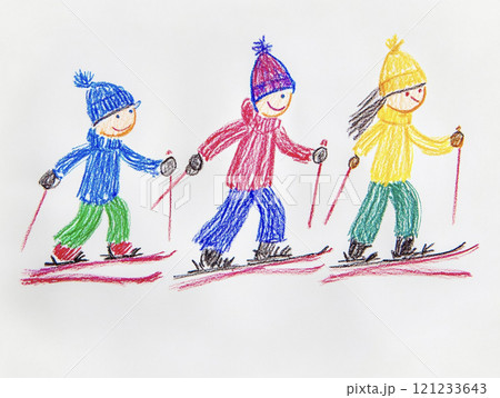 クレヨンで描いたスキーをする子供　AI画像 121233643