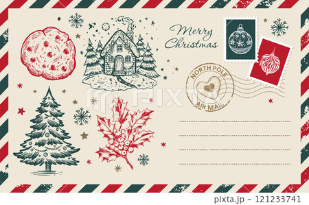 Christmas mail, postcard, hand drawn illustration.	 121233741