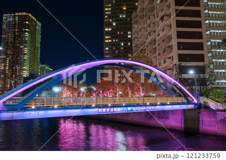 東京都品川区 目黒川のイルミネーションと鈴懸歩道橋 121233759
