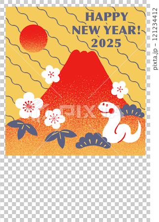 2025 Year of the Snake - Pop New Year's card illustration of red Mt. Fuji and a snake, vertical 121234412
