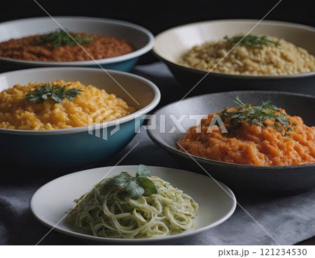 various main dishes in plates 121234530