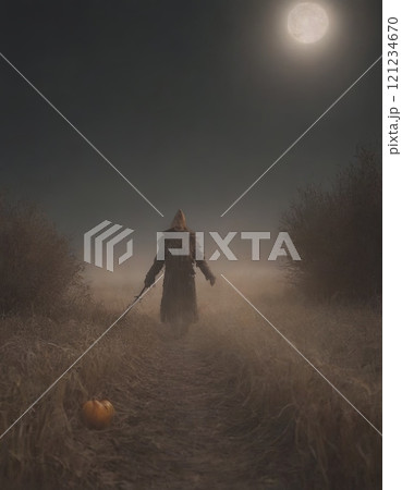 scarecrow night landscape for halloween 121234670