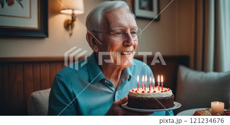 Portrait of an elderly man with a birthday cake Portrait of an elderly man with a birthday cake 121234676