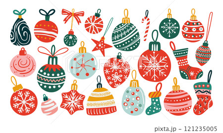 Set of isolated Christmas ornaments in cute doodle hand-drawn style on a transparent background. Volume 1: Vivid red and green color tones. 121235005