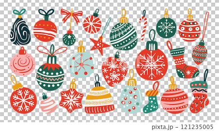 Set of isolated Christmas ornaments in cute doodle hand-drawn style on a transparent background. Volume 1: Vivid red and green color tones. 121235005