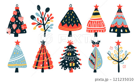 Set of isolated Christmas trees decoration ornaments in cute doodle hand-drawn graphic illustration style on a transparent background. Volume 1: Vivid red, black ,blue and green color tones. 121235010