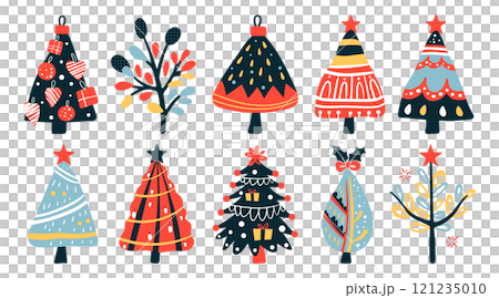 Set of isolated Christmas trees decoration ornaments in cute doodle hand-drawn graphic illustration style on a transparent background. Volume 1: Vivid red, black ,blue and green color tones. 121235010