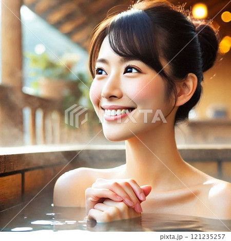 旅行で温泉街に来た女性 旅館の露天風呂でリラックス 121235257