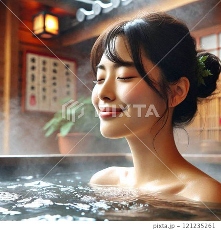 温泉のある旅館 露天風呂で疲れをとる女性 121235261
