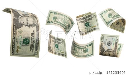 50 dollars flying on white background. USA banknotes at different angles. Front side 121235493
