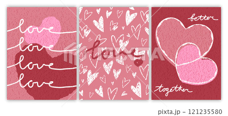 Set of Valentines love cards with calligraphy and textured hearts in pastel colors. Valentines Day concept. Vector illustration Set of Valentines love cards with calligraphy and textured hearts in pastel colors. Valentines Day concept. Vector illustration 121235580