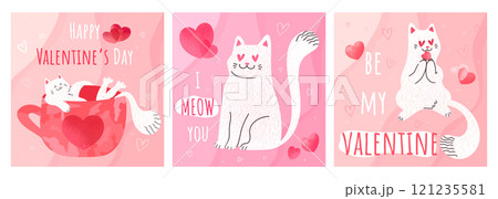 Set of Valentines Day greeting cards with cute hand drawn white cat. Cute cat in love, cat lying in a cup, biting heart. Vector template, cover, invitation 121235581
