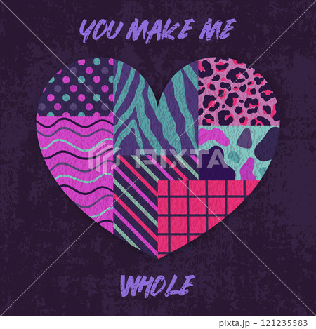 Valentines Day concept with heart made of patches with different patterns and phrase You make me whole. Valentine love card modern design Valentines Day concept with heart made of patches with different patterns and phrase You make me whole. Valentine love card modern design 121235583