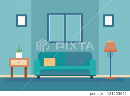 Living room interior with sofa in minimalistic flat style 121235631