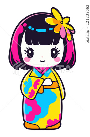 Cute bright japanese kokeshi doll. Vector isolated illustration in vivid colors Cute bright japanese kokeshi doll. Vector isolated illustration in vivid colors 121235662