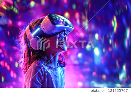 An excited child wearing a VR headset with a big smile on their face. The concept of immersive technology, joy, and the future of interactive entertainment. Generative AI. 121235767