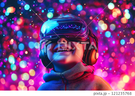 An excited child wearing a VR headset with a big smile on their face. The concept of immersive technology, joy, and the future of interactive entertainment. Generative AI. 121235768