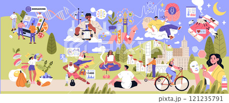 Biohacking concept set. Personalized nutrition analysis and fitness activities. Mental health, sleep optimization, and sustainable lifestyle practices. Vector illustration. 121235791