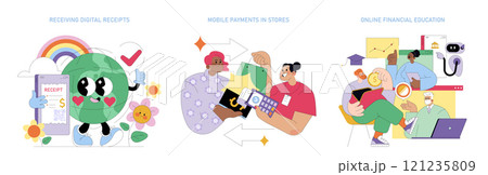 Financial Technologies set. Digital receipt management, mobile payments, and online financial learning. Friendly characters interacting with tech elements. Vector illustration. 121235809