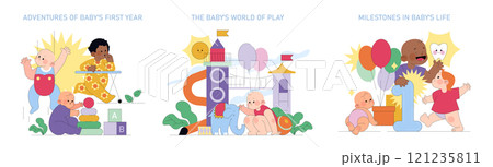 Baby's First Year set. Diverse babies engage in developmental activities and celebrate milestones. Infancy growth stages, learning, and playtime illustrated. Vector illustration. Baby's First Year set. Diverse babies engage in developmental activities and celebrate milestones. Infancy growth stages, learning, and playtime illustrated. Vector illustration. 121235811