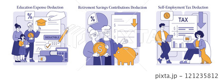 Tax Deduction Set. Illustrates education, retirement savings, and self-employment tax deductions with characters in relatable scenarios. Vector illustration. Tax Deduction Set. Illustrates education, retirement savings, and self-employment tax deductions with characters in relatable scenarios. Vector illustration. 121235812