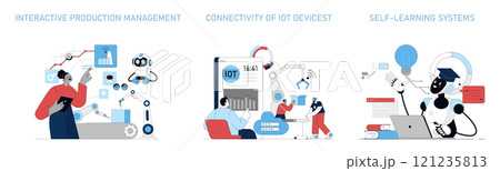 Production automation set. Interactive management, IoT connectivity, and AI learning. Future of industry with technology integration. Vector illustration. Production automation set. Interactive management, IoT connectivity, and AI learning. Future of industry with technology integration. Vector illustration. 121235813