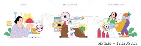 Career Change set. Contemplating risks, self-assessment, and market analysis in job transition. Stages from doubt to research. Vector illustration. Career Change set. Contemplating risks, self-assessment, and market analysis in job transition. Stages from doubt to research. Vector illustration. 121235815
