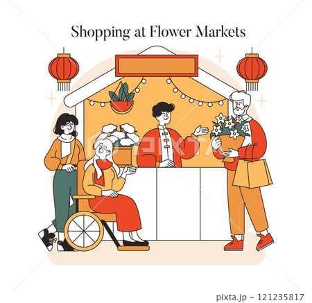 Lunar New Year celebration with people buying flowers at a festive market. Cultural tradition of festive shopping illustrated. Vector illustration. 121235817