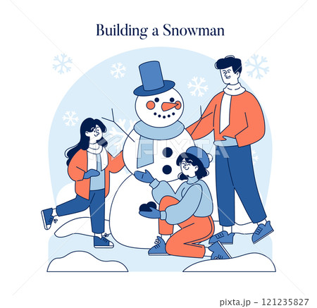 Hello Winter concept. A happy family enjoys making a snowman in the snowy season, capturing a joyful moment of winter fun together. Vector illustration. Hello Winter concept. A happy family enjoys making a snowman in the snowy season, capturing a joyful moment of winter fun together. Vector illustration. 121235827