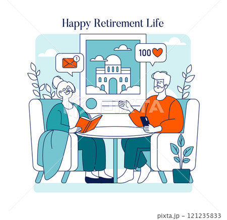 Happy Retirement Life concept. Elderly couple enjoying peaceful leisure time at home. Digital communication, relaxed reading, and comfortable living. Vector illustration. Happy Retirement Life concept. Elderly couple enjoying peaceful leisure time at home. Digital communication, relaxed reading, and comfortable living. Vector illustration. 121235833