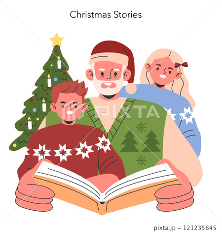 Family Christmas concept. Cozy holiday scene with father reading a book to children by the Christmas tree. Warm festive family moments. Vector illustration. Family Christmas concept. Cozy holiday scene with father reading a book to children by the Christmas tree. Warm festive family moments. Vector illustration. 121235845