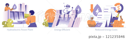 Hydropower set. Sustainable energy generation, technological efficiency, and cost-saving strategies. Urban renewable power sources, AI advancements, economic benefits. Vector illustration. 121235846