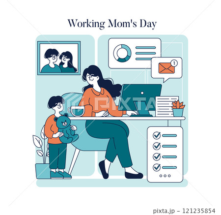 Working Mom Day concept. A mother balances work and childcare from home office. Productivity, multitasking with child, harmony in family life. Vector illustration. Working Mom Day concept. A mother balances work and childcare from home office. Productivity, multitasking with child, harmony in family life. Vector illustration. 121235854