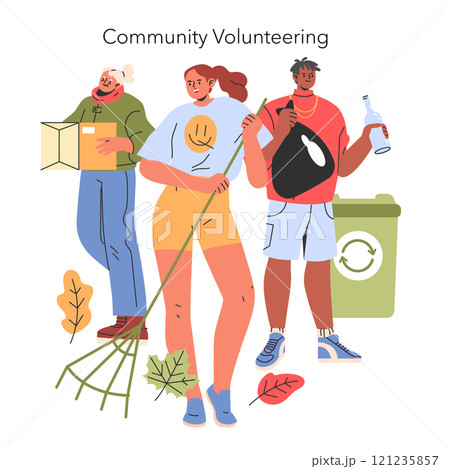 Community Volunteering concept. Citizens engaged in neighborhood cleanup, promoting environmental stewardship. Cooperative urban effort for waste reduction. Vector illustration. Community Volunteering concept. Citizens engaged in neighborhood cleanup, promoting environmental stewardship. Cooperative urban effort for waste reduction. Vector illustration. 121235857