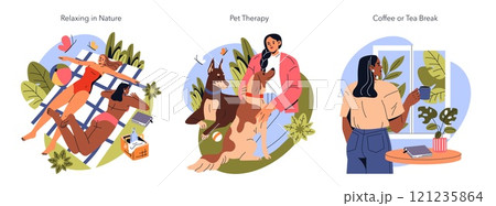 Burnout Breaks set. People finding relaxation through nature, pets, and beverages. Harmony with environment, affection with animals, and mindful pauses. Vector illustration. 121235864
