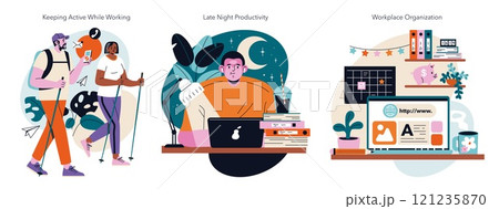 Remote Work set. Balancing fitness, nocturnal efficiency, and organized spaces. Active lifestyle, night hustle, and neat desk elements. Vector illustration. 121235870