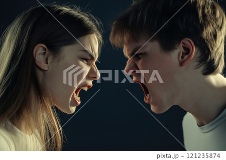 A couple is yelling at each other. The concept of conflict, communication breakdown, and emotional tension in relationships. Generative Ai. 121235874