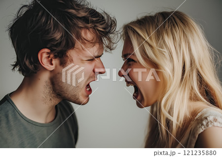 A couple is yelling at each other. The concept of conflict, communication breakdown, and emotional tension in relationships. Generative Ai. A couple is yelling at each other. The concept of conflict, communication breakdown, and emotional tension in relationships. Generative Ai. 121235880