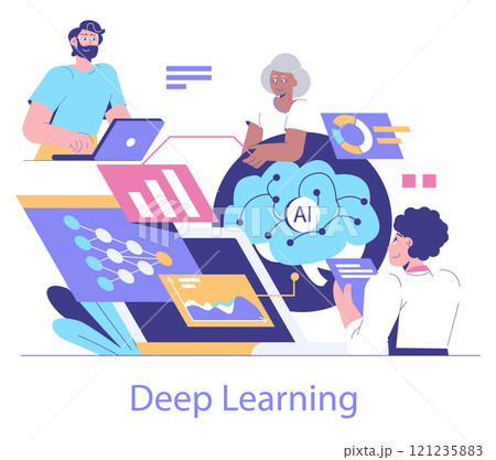 Data Science concept. Experts engage in deep learning and AI innovation. Analytics, cloud computing, and neural networks. Vector illustration. 121235883