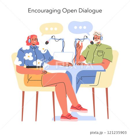 Encouraging Open Dialogue concept. Two people with headsets having a conversation over computers. Effective communication and teamwork. Vector illustration. 121235903