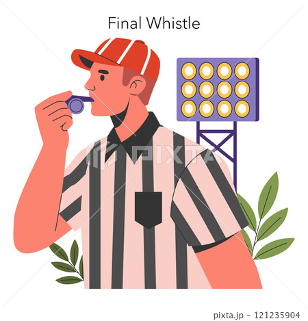 Super Bowl concept. A referee blowing the final whistle with a stadium light panel in the background. Decisive game moment on the field. Vector illustration. 121235904