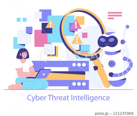 AI Cybersecurity concept. Robot with magnifying glass scanning for threats as professional works on laptop. Digital data protection and network safety. Vector illustration. 121235908