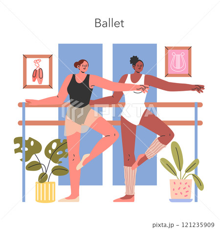 Ballet concept. Two dancers practice at the barre in a studio adorned with music and dance art. Graceful movements in dance rehearsal. Vector illustration. 121235909