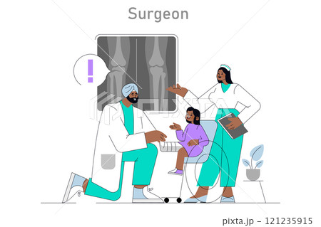 Pediatric Orthopedic Consultation concept. A diverse medical team reviews child's leg x-ray. Childcare, collaborative diagnosis, and patient support. Vector illustration. 121235915