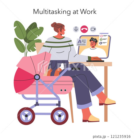 Working Mom Life concept. A mother balances professional duties and caring for her baby at her home office. Vector illustration. Working Mom Life concept. A mother balances professional duties and caring for her baby at her home office. Vector illustration. 121235916