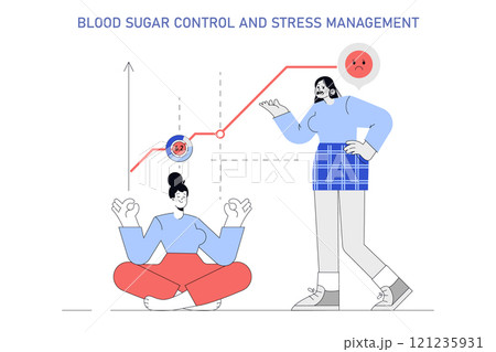 Blood Sugar Tracking concept. Meditative woman achieving calm, while stressed woman monitors her glucose level spike. Mindfulness and health. Vector illustration. 121235931