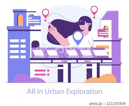 Immersive Reality concept. Woman explores a modern cityscape with augmented reality. Engaging tech for urban navigation. Vector illustration. 121235936